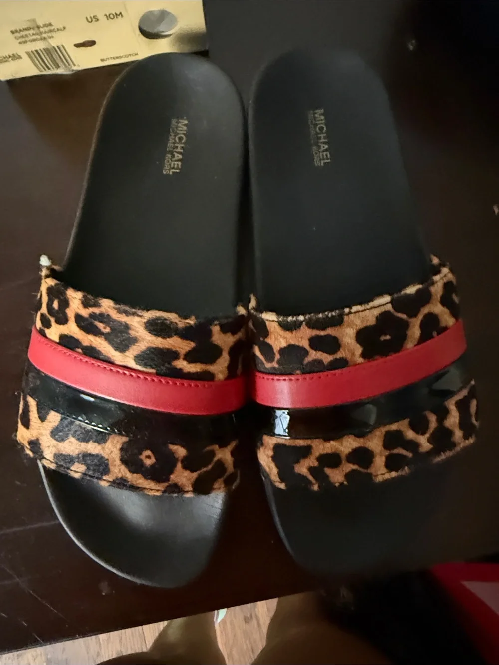 Michael Kors Leopard Print Slide Sandals with Red and Black Straps